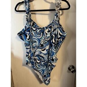 Haute Monde Blue Floral Print Bodysuit Ruffled Straps Snap At Crotch